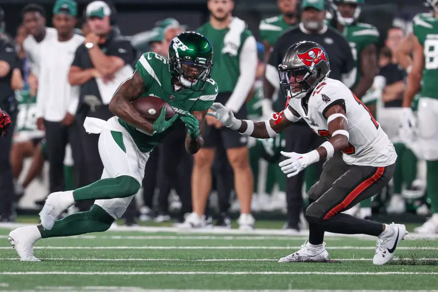 Aug 19, 2023; East Rutherford, New Jersey, USA; New York Jets wide receiver Mecole Hardman Jr. (6) is tackled by Tampa Bay Buccaneers cornerback Keenan Isaac (16) during the first half at MetLife Stadium. Mandatory Credit: Vincent Carchietta-USA TODAY Sports (Green Bay Packers)