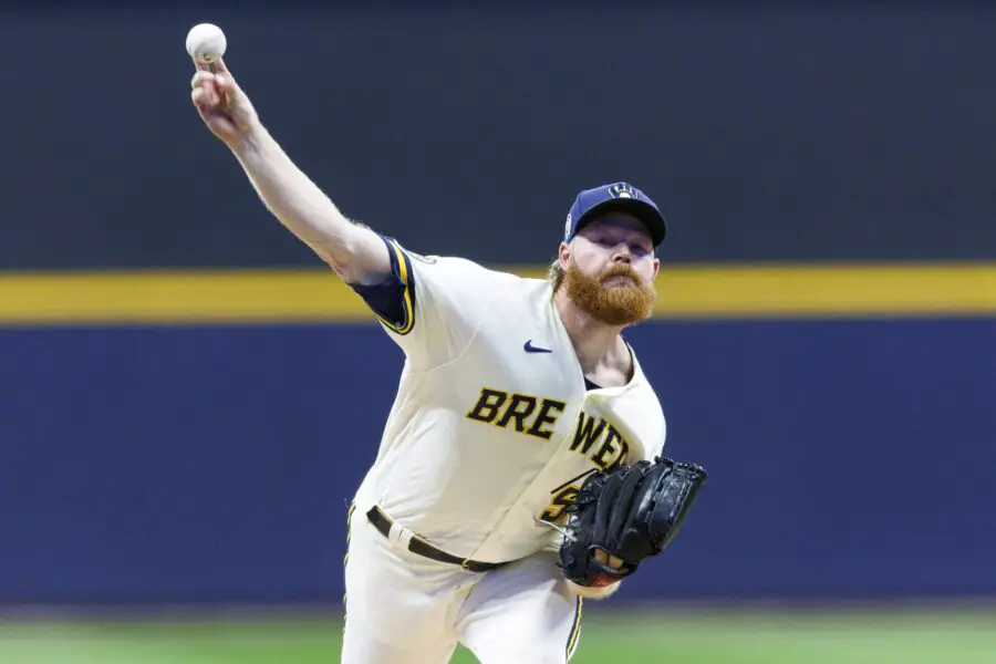 Sep 11, 2023; Milwaukee, Wisconsin, USA; Milwaukee Brewers pitcher Brandon Woodruff (53) throws a pitch during the first inning against the Miami Marlins at American Family Field. Mandatory Credit: Jeff Hanisch-USA TODAY Sports