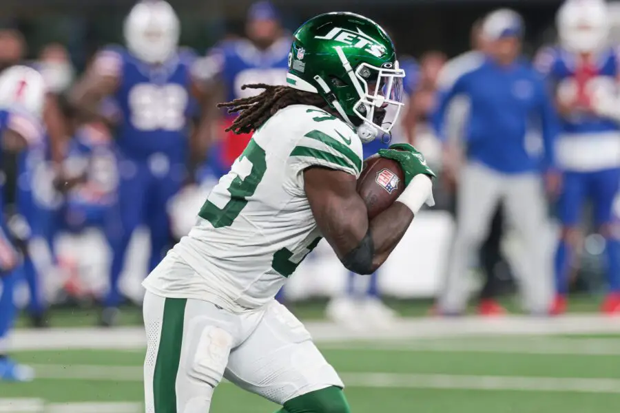 Sep 11, 2023; East Rutherford, New Jersey, USA; New York Jets running back Dalvin Cook (33) carries the ball against the Buffalo Bills during the first half at MetLife Stadium. Mandatory Credit: Vincent Carchietta-USA TODAY Sports