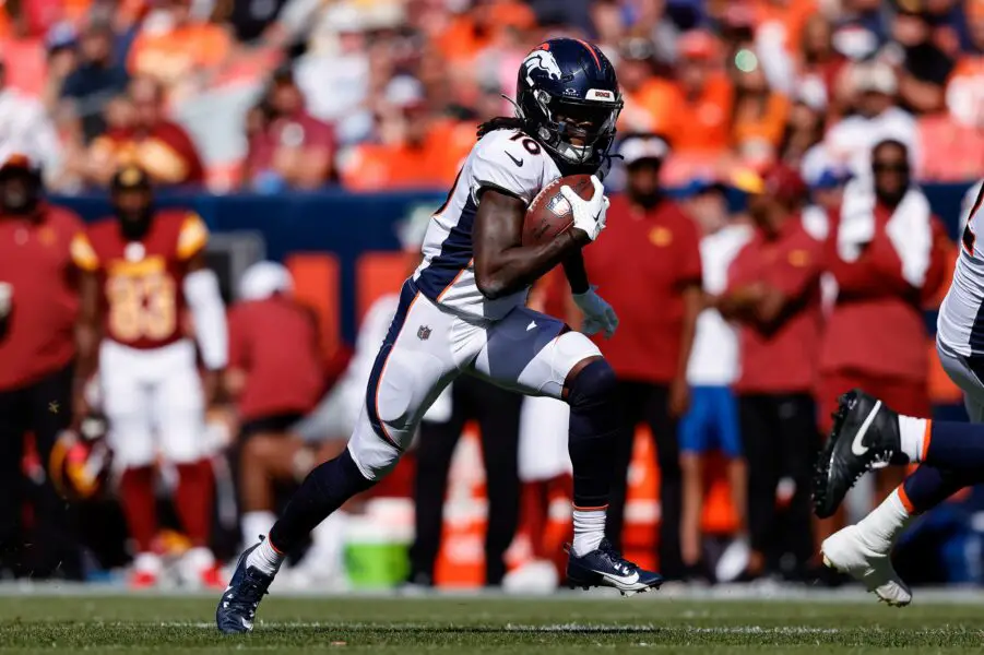 Sep 17, 2023; Denver, Colorado, USA; Denver Broncos wide receiver Jerry Jeudy (10) runs the ball on a reception in the second quarter against the Washington Commanders at Empower Field at Mile High. Mandatory Credit: Isaiah J. Downing-USA TODAY Sports (Green Bay Packers)