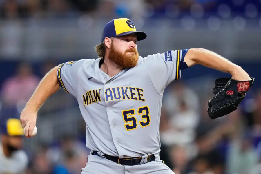Sep 23, 2023; Miami, Florida, USA; Milwaukee Brewers starting pitcher Brandon Woodruff (53) throws a pitch against the Miami Marlins during the first inning at loanDepot Park. Mandatory Credit: Rich Storry-USA TODAY Sports