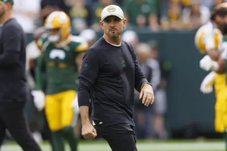 Sep 24, 2023; Green Bay, Wisconsin, USA; Green Bay Packers head coach Matt LaFleur looks on during warmups prior to the game against the New Orleans Saints at Lambeau Field. Mandatory Credit: Jeff Hanisch-USA TODAY Sports Eric Stokes
