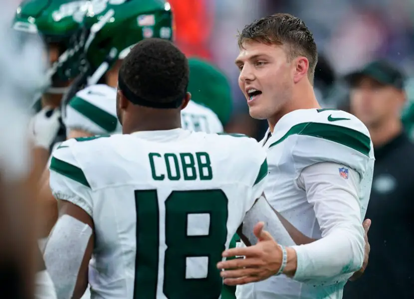 New York Jets quarterback Zach Wilson (2) and wide receiver Randall Cobb (18) talk towards the end of the game. The Jets lost to the New England Patriots, 15-10, at MetLife Stadium on Sunday. © Danielle Parhizkaran/NorthJersey / USA TODAY NETWORK