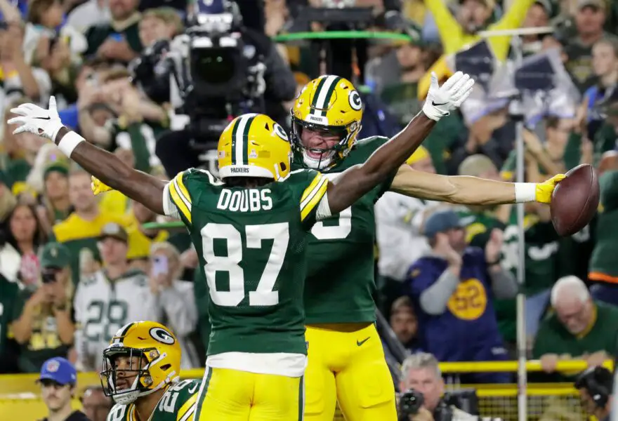 Green Bay Packers wide receiver Christian Watson (9) celebrates with wide receiver Romeo Doubs (87) after scoring a touchdown against the Detroit Lions during their football game Thursday, September 28, 2023, at Lambeau Field in Green Bay, Wis. Dan Powers/USA TODAY NETWORK-Wisconsin.