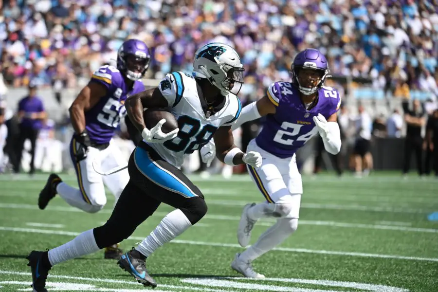 Oct 1, 2023; Charlotte, North Carolina, USA; Carolina Panthers wide receiver Terrace Marshall Jr. (88) with the ball as Minnesota Vikings safety Camryn Bynum (24) defends in the second quarter at Bank of America Stadium. Mandatory Credit: Bob Donnan-USA TODAY Sports (Green Bay Packers)