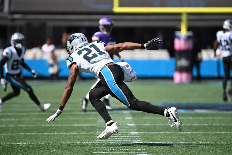 Oct 1, 2023; Charlotte, North Carolina, USA; Carolina Panthers safety Jeremy Chinn (21) reacts after a sack in the second quarter at Bank of America Stadium. Mandatory Credit: Bob Donnan-USA TODAY Sports (Green Bay Packers)