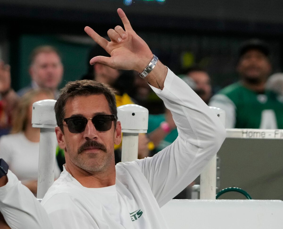 Oct 1, 2023; East Rutherford, New Jersey, USA; New York Jets injured quarterback Aaron Rodgers (8) pre game at MetLife Stadium. Mandatory Credit: Robert Deutsch-USA TODAY Sports