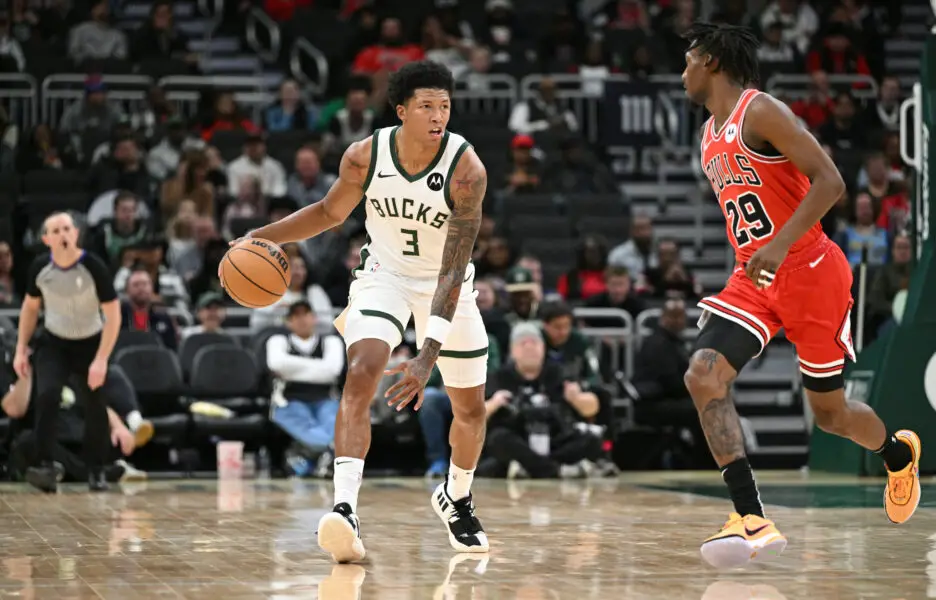 Oct 8, 2023; Milwaukee, Wisconsin, USA; Milwaukee Bucks forward MarJon Beauchamp (3) dribbles up the court against Chicago Bulls guard Questin Jackson (29) in the second half at Fiserv Forum. Mandatory Credit: Michael McLoone-USA TODAY Sports