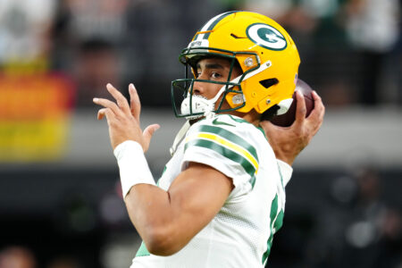Oct 9, 2023; Paradise, Nevada, USA; Green Bay Packers quarterback Jordan Love (10) warms up before the start of a game against the Las Vegas Raiders at Allegiant Stadium. Mandatory Credit: Stephen R. Sylvanie-USA TODAY Sports