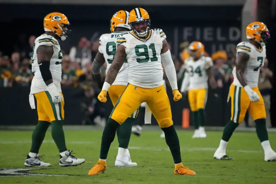Oct 9, 2023; Paradise, Nevada, USA; Green Bay Packers linebacker Preston Smith (91) celebrates against the Las Vegas Raiders] in the first half at Allegiant Stadium. Mandatory Credit: Kirby Lee-USA TODAY Sports