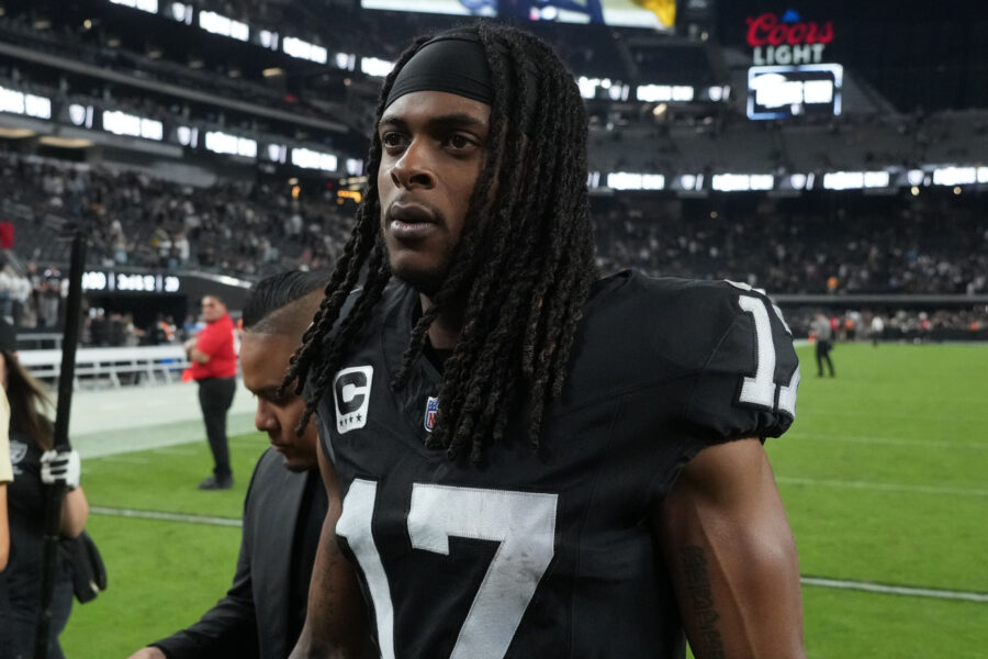Oct 9, 2023; Paradise, Nevada, USA; Las Vegas Raiders wide receiver Davante Adams (17) walks off the field after the game against the Green Bay Packers at Allegiant Stadium. Mandatory Credit: Kirby Lee-USA TODAY Sports