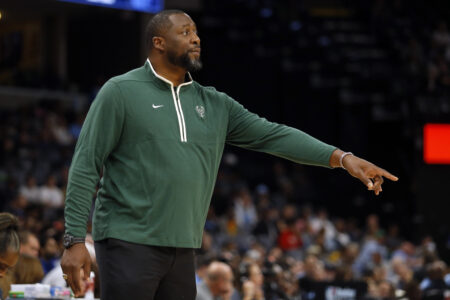 Oct 10, 2023; Memphis, Tennessee, USA; Milwaukee Bucks head coach Adrian Griffin gives direction during the first half against the Memphis Grizzlies at FedExForum. Mandatory Credit: Petre Thomas-USA TODAY Sports