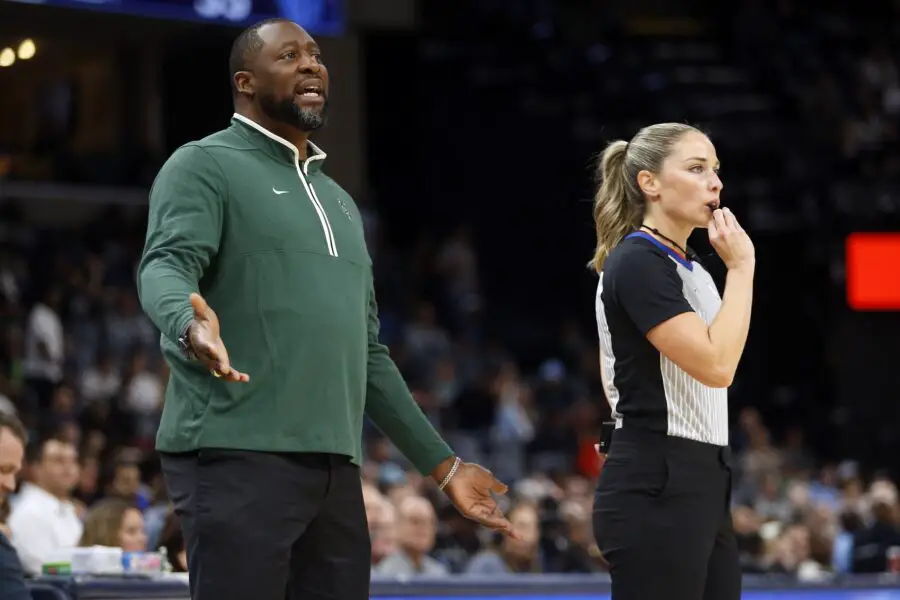 Oct 10, 2023; Memphis, Tennessee, USA; Milwaukee Bucks head coach Adrian Griffin reacts after a foul call during the first half against the Memphis Grizzlies at FedExForum. Mandatory Credit: Petre Thomas-USA TODAY Sports