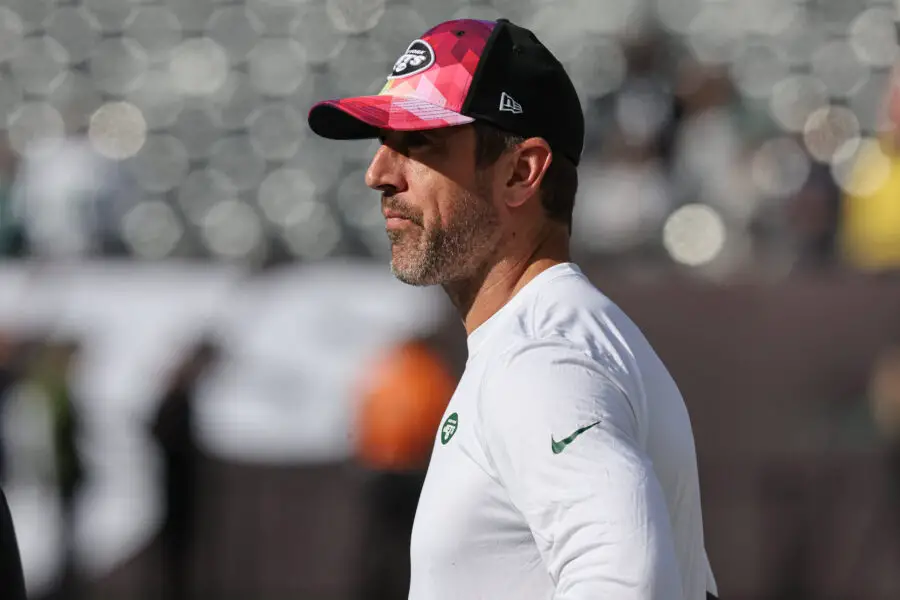 Oct 15, 2023; East Rutherford, New Jersey, USA; New York Jets quarterback Aaron Rodgers (8) on the field before the game against the Philadelphia Eagles at MetLife Stadium. Mandatory Credit: Vincent Carchietta-USA TODAY Sports