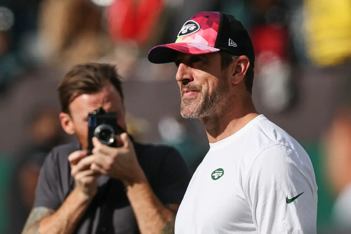 Oct 15, 2023; East Rutherford, New Jersey, USA; New York Jets quarterback Aaron Rodgers (8) on the field before the game against the Philadelphia Eagles at MetLife Stadium. Mandatory Credit: Vincent Carchietta-USA TODAY Sports
