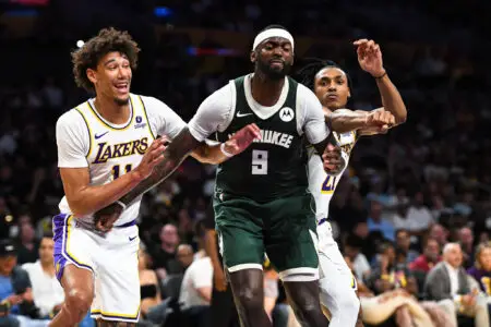Oct 15, 2023; Los Angeles, California, USA; Milwaukee Bucks forward Bobby Portis (9) battles Los Angeles Lakers center Jaxson Hayes (11) and forward Maxwell Lewis (21) for position in the second half at Crypto.com Arena. Mandatory Credit: Jonathan Hui-USA TODAY Sports