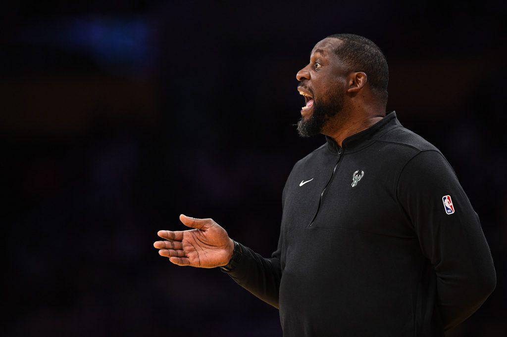 Oct 15, 2023; Los Angeles, California, USA; Milwaukee Bucks coach Adrian Griffin reacts against Los Angeles Lakers during the first quarter at Crypto.com Arena. Mandatory Credit: Jonathan Hui-USA TODAY Sports