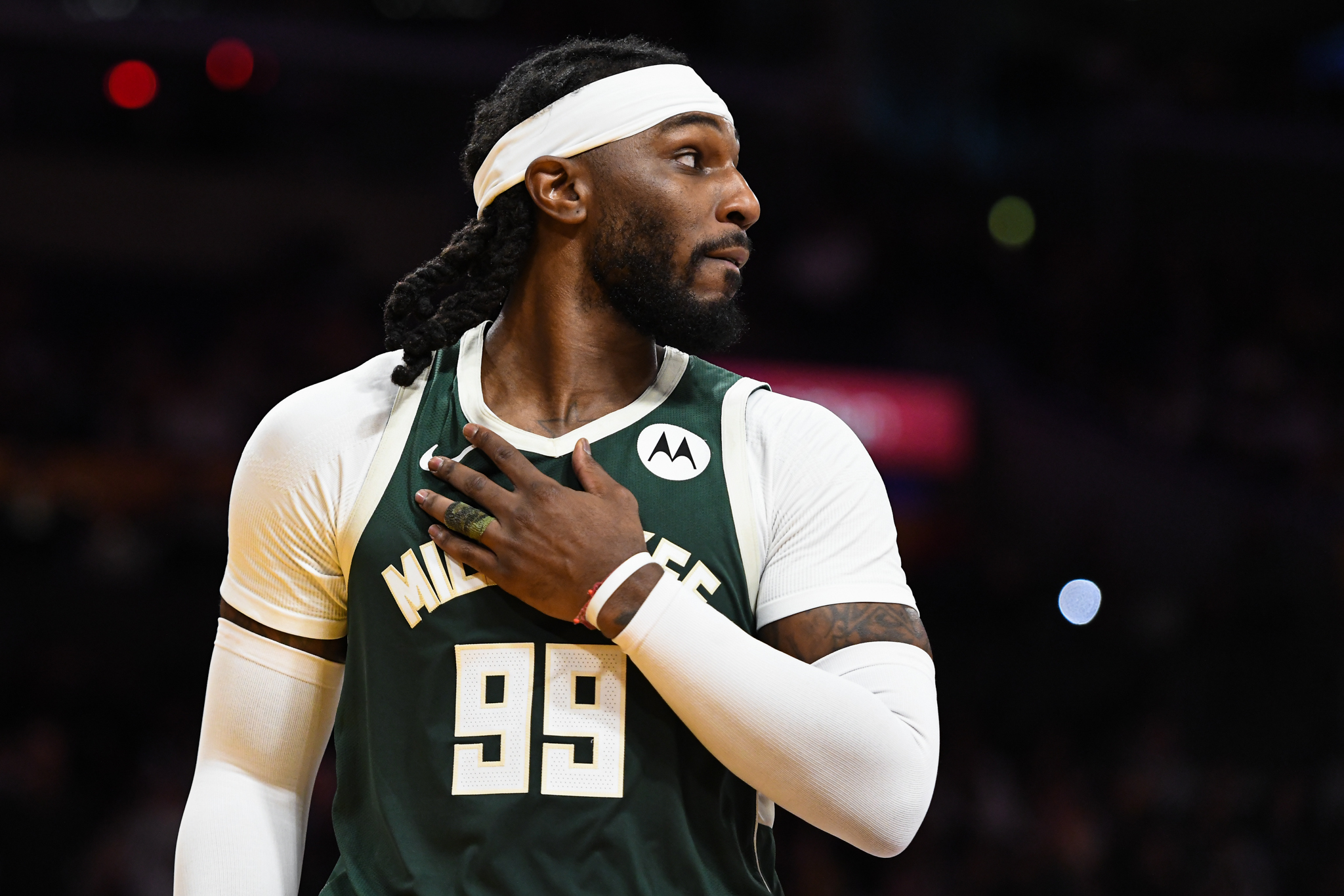 Oct 15, 2023; Los Angeles, California, USA; Milwaukee Bucks forward Jae Crowder (99) looks to the sidelines against the Los Angeles Lakers during the second quarter at Crypto.com Arena. Mandatory Credit: Jonathan Hui-USA TODAY Sports