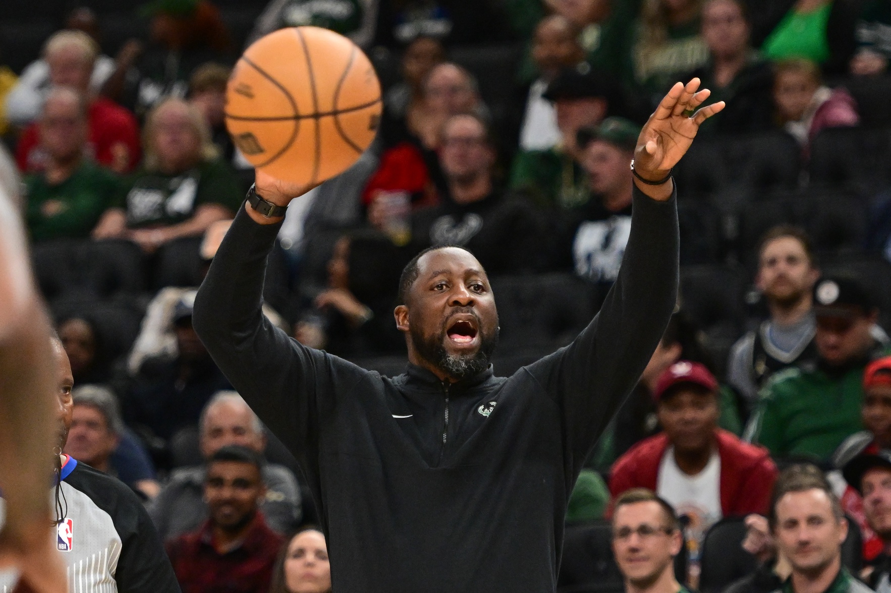 Oct 20, 2023; Milwaukee, Wisconsin, USA; Milwaukee Bucks head coach Adrian Griffin reacts in the third quarter against the Memphis Grizzlies at Fiserv Forum. Mandatory Credit: Benny Sieu-USA TODAY Sports