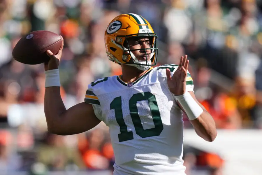 Oct 22, 2023; Denver, Colorado, USA; Green Bay Packers quarterback Jordan Love (10) prepares to pass in the second quarter against the Denver Broncos at Empower Field at Mile High. Mandatory Credit: Ron Chenoy-USA TODAY Sports
