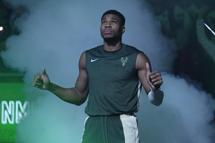 Oct 26, 2023; Milwaukee, Wisconsin, USA; Milwaukee Bucks forward Giannis Antetokounmpo (34) is announced to the crowd prior to the game against the Philadelphia 76ers at Fiserv Forum. Mandatory Credit: Jeff Hanisch-USA TODAY Sports