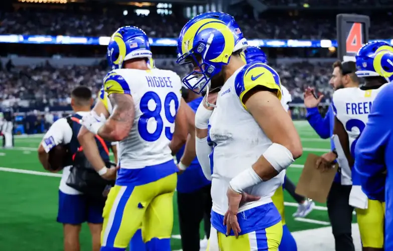 Oct 29, 2023; Arlington, Texas, USA; Los Angeles Rams quarterback Matthew Stafford (9) reacts on the bench during the second half against the Dallas Cowboys at AT&T Stadium. Mandatory Credit: Kevin Jairaj-USA TODAY Sports (Green Bay Packers)