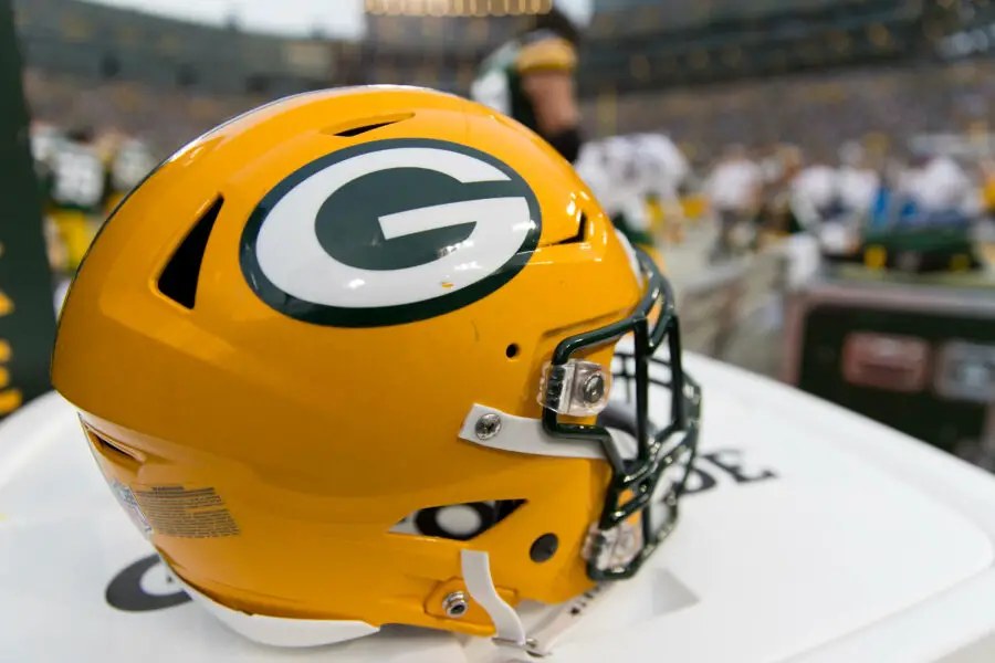 Aug 16, 2018; Green Bay, WI, USA; A Green Bay Packers helmet sits on the sidelines prior to the game against the Pittsburgh Steelers at Lambeau Field. Mandatory Credit: Jeff Hanisch-USA TODAY Sports