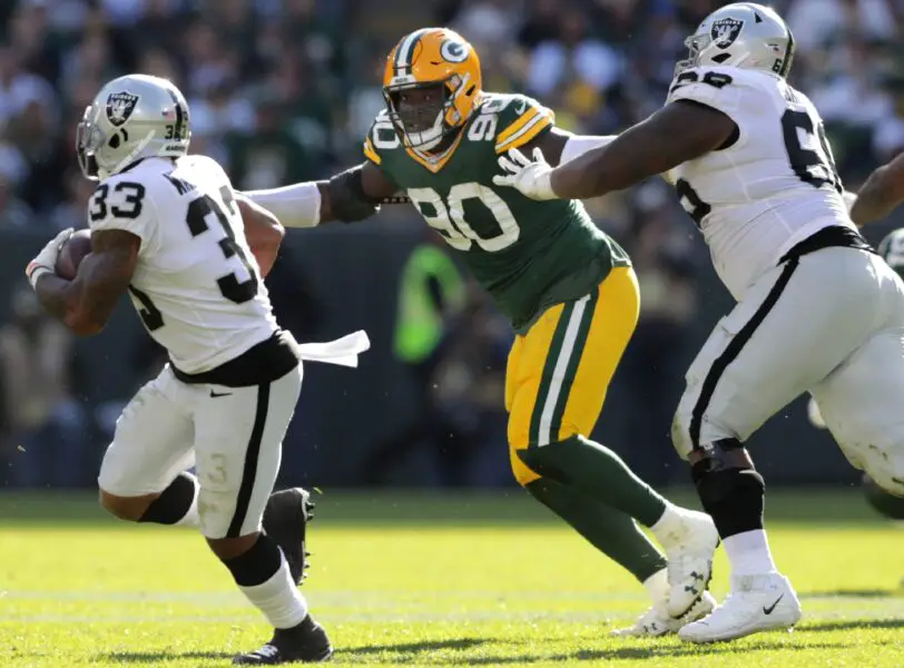 Green Bay Packers defensive tackle Montravius Adams (90) against the Oakland Raiders during their football game Sunday, October 20, 2019, at Lambeau Field in Green Bay, Wis.Wm. Glasheen/USA TODAY NETWORK-Wisconsin
