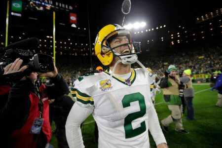 Green Bay Packers kicker Mason Crosby (2) celebrates his game-winning field goal against the Detroit Lions during their footbal game Monday, October 14, 2019, at Lambeau Field in Green Bay, Wis. Green Bay won 23-22.Dan Powers/USA TODAY NETWORK-Wisconsin