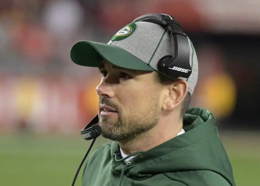 Jan 19, 2020; Santa Clara, California, USA; Green Bay Packers head coach Matt LaFleur reacts against the San Francisco 49ers in the second quarter of the NFC Championship Game at Levi's Stadium. Mandatory Credit: Kirby Lee-USA TODAY Sports