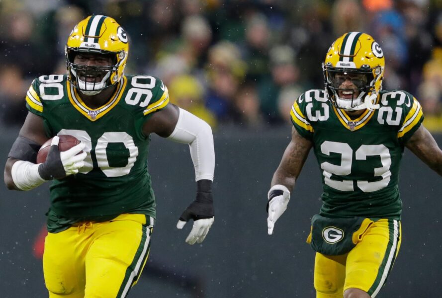 Green Bay Packers defensive tackle Montravius Adams (90) celebrates recovering a fumble with Jaire Alexander (23) against the Carolina Panthers in the second quarter Sunday, November 10, 2019, at Lambeau Field in Green Bay, Wis. Dan Powers/USA TODAY NETWORK-Wisconsin