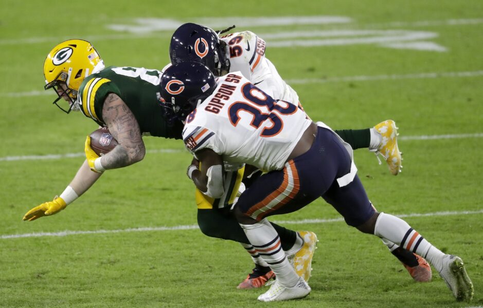 Nov 29, 2020; Green Bay, WI, USA; Green Bay Packers tight end Jace Sternberger (87) is tackled by Chicago Bears strong safety Tashaun Gipson (38) and inside linebacker Danny Trevathan (59)on Sunday, Noveber 29, 2020, at Lambeau Field in Green Bay, Wis. Mandatory Credit: William Glasheen-USA TODAY NETWORK