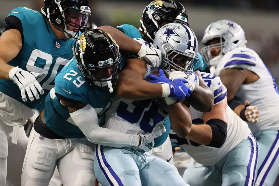 Aug 29, 2021; Arlington, Texas, USA; Dallas Cowboys running back Brenden Knox (36) runs with the ball against Jacksonville Jaguars safety Josh Jones (29) in the second quarter at AT&T Stadium. Mandatory Credit: Matthew Emmons-USA TODAY Sports (Green Bay Packers)
