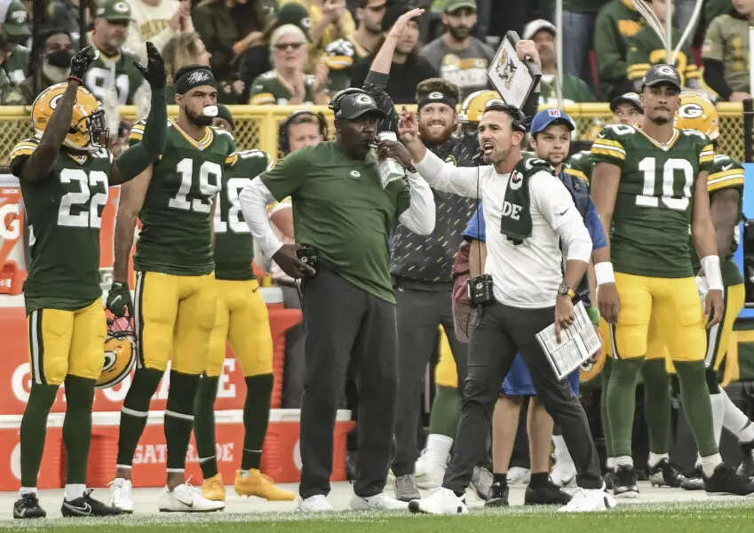 Oct 3, 2021; Green Bay, Wisconsin, USA; Green Bay Packers head coach Matt LaFleur reacts during a game against the Pittsburgh Steelers at Lambeau Field. Mandatory Credit: Benny Sieu-USA TODAY Sports Oct 3, 2021; Green Bay, Wisconsin, USA; Green Bay Packers head coach Matt LaFleur reacts during a game against the Pittsburgh Steelers at Lambeau Field. Mandatory Credit: Benny Sieu-USA TODAY Sports