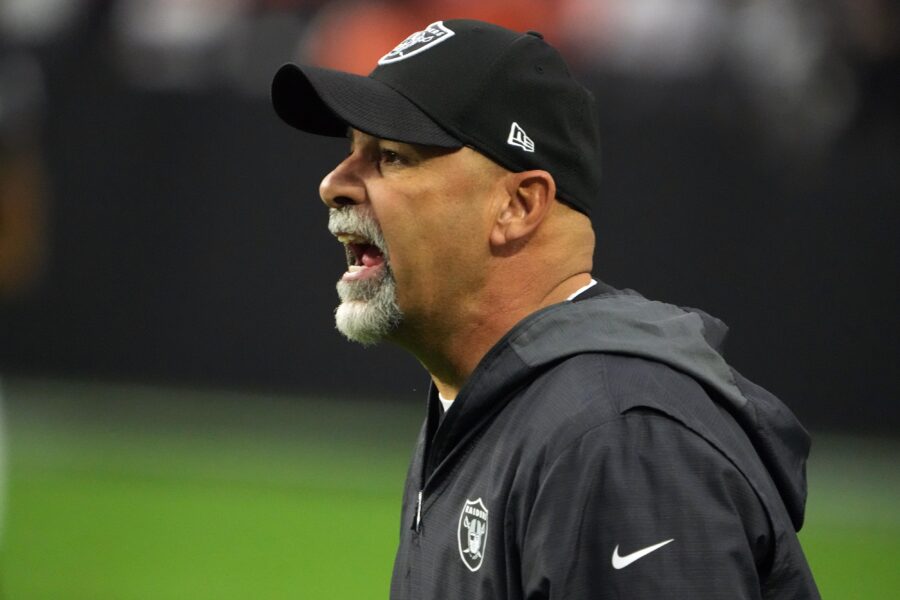 Dec 26, 2021; Paradise, Nevada, USA; Las Vegas Raiders interim coach Rich Bisaccia reacts against the Denver Broncos in the first half at Allegiant Stadium. Mandatory Credit: Kirby Lee-USA TODAY Sports (Green Bay Packers)