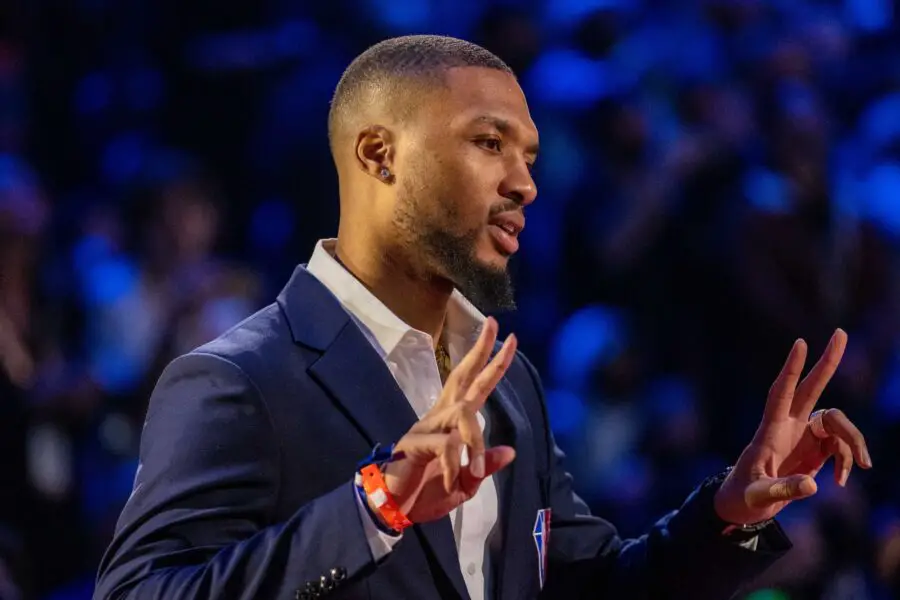 February 20, 2022; Cleveland, Ohio, USA; NBA great Damian Lillard is honored for being selected to the NBA 75th Anniversary Team during halftime in the 2022 NBA All-Star Game at Rocket Mortgage FieldHouse. Mandatory Credit: Kyle Terada-USA TODAY Sports (Milwaukee Bucks)