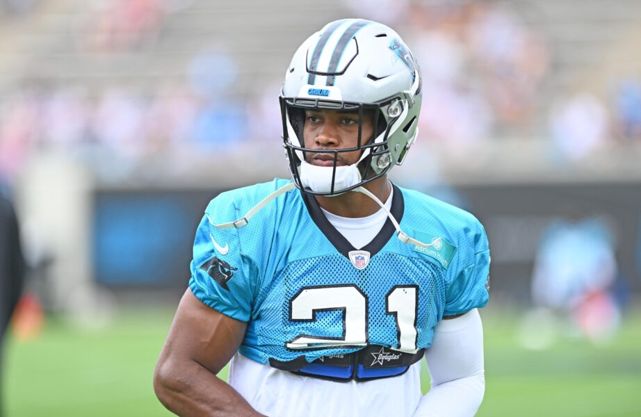 Jul 30, 2022; Spartanburg, South Carolina, US; Carolina Panthers defensive back Jeremy Chinn (21) on field during training camp at Wofford College. Mandatory Credit: Griffin Zetterberg-USA TODAY Sports (Green Bay Packers)