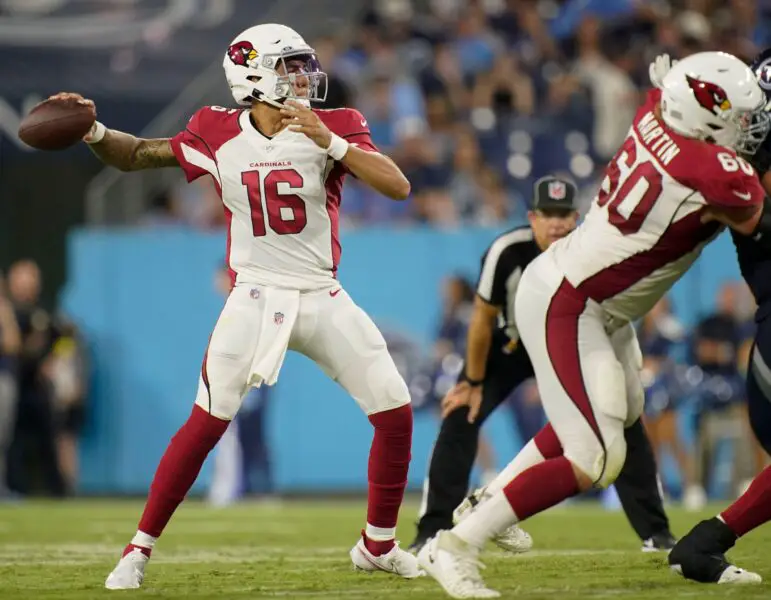 Arizona Cardinals quarterback Jarrett Guarantano (16) throws a pass against the Tennessee Titans during the third quarter of an NFL preseason game at Nissan Stadium Saturday, Aug. 27, 2022, in Nashville, Tenn. © Andrew Nelles/Tennessean.com / USA TODAY NETWORK (Green Bay Packers)
