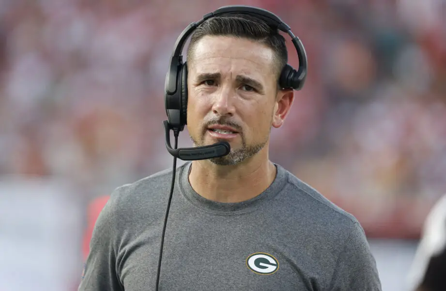 Sep 25, 2022; Tampa, Florida, USA; Green Bay Packers head coach Matt LaFleur looks on against the Tampa Bay Buccaneers during the second half at Raymond James Stadium. Mandatory Credit: Kim Klement-USA TODAY Sports