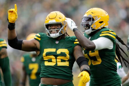 Green Bay Packers linebacker Rashan Gary (52) celebrates getting a sack against the New York Jets with teammate linebacker De'Vondre Campbell (59) during their football game Sunday, October 16, at Lambeau Field in Green Bay, Wis. Dan Powers/USA TODAY NETWORK-Wisconsin