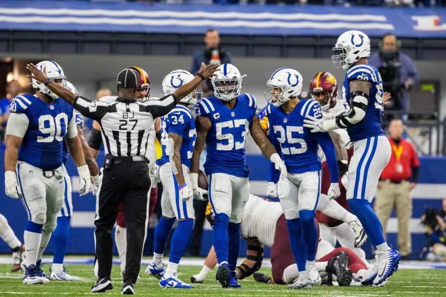 Oct 30, 2022; Indianapolis, Indiana, USA; Indianapolis Colts linebacker Shaquille Leonard (53) celebrates his interception with teammates in the second half against the Washington Commanders at Lucas Oil Stadium. Mandatory Credit: Trevor Ruszkowski-USA TODAY Sports (Green Bay Packers)