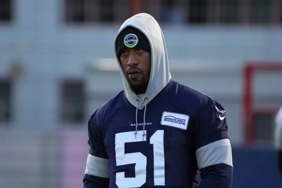 Nov 10, 2022; Munich, Germany; Seattle Seahawks linebacker Bruce Irvin (51) reacts during practice at FC Bayern Munich at Sabener Strabe. Mandatory Credit: Kirby Lee-USA TODAY Sports (Green Bay Packers - Detroit Lions)