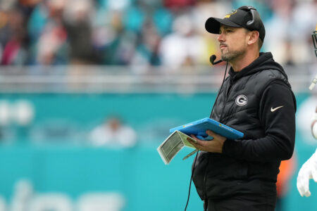 Dec 25, 2022; Miami Gardens, Florida, USA; Green Bay Packers head coach Matt LaFleur stands on the sideline during the first half against the Miami Dolphins at Hard Rock Stadium. Mandatory Credit: Jasen Vinlove-USA TODAY Sports
