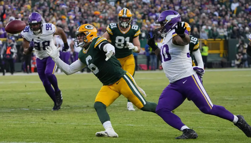 Green Bay Packers safety Dallin Leavitt (6) fields a punt blocked by the Minnesota Vikings during the first quarter of their game Sunday, January 1, 2023 at Lambeau Field in Green Bay, Wis.MARK HOFFMAN/MILWAUKEE JOURNAL SENTINEL
