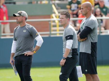 Packers head coach (left) coach add his brother Mike LaFleur (center) to his staff this season after he was fired as offensive coordinator of the Jets last week. © Dan Powers/USA TODAY NETWORK-Wisconsin / USA TODAY NETWORK