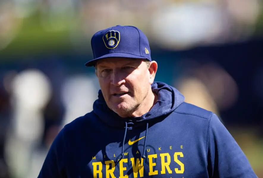 Feb 25, 2023; Phoenix, Arizona, USA; Milwaukee Brewers bench coach Pat Murphy against the Los Angeles Dodgers during a spring training game at American Family Fields of Phoenix. Mandatory Credit: Mark J. Rebilas-USA TODAY Sports