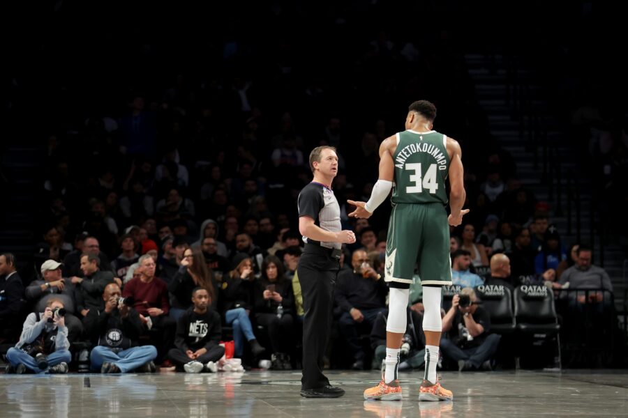 Feb 28, 2023; Brooklyn, New York, USA; Milwaukee Bucks forward Giannis Antetokounmpo (34) argues with referee Scott Twardoski (52) during the third quarter against the Brooklyn Nets at Barclays Center. Mandatory Credit: Brad Penner-USA TODAY Sports