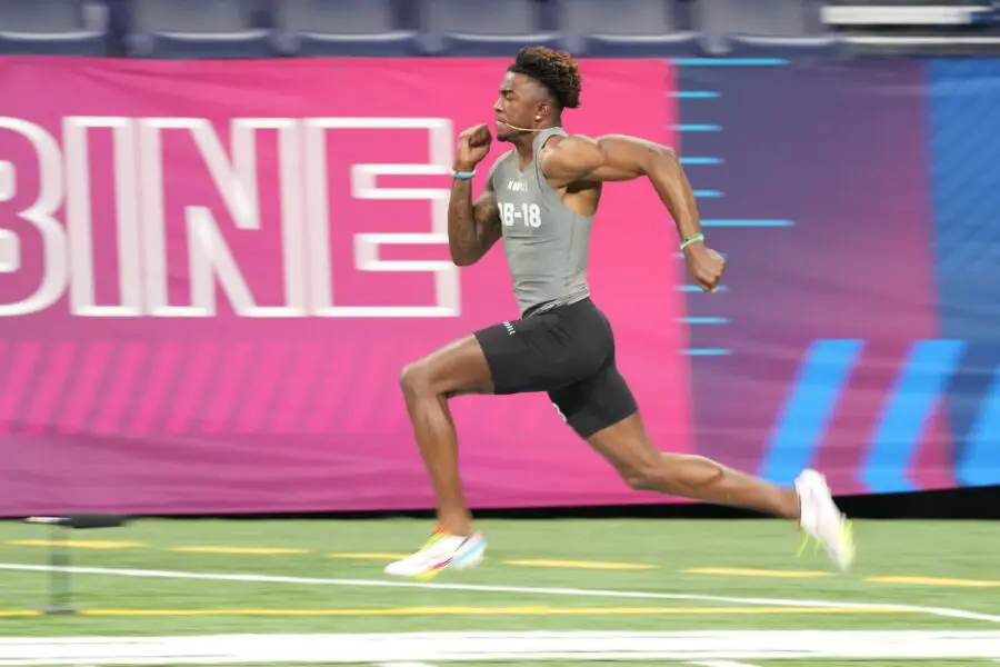 Mar 3, 2023; Indianapolis, IN, USA; Stanford defensive back Kyu Blu Kelly (DB18) participates in drills at Lucas Oil Stadium. Mandatory Credit: Kirby Lee-USA TODAY Sports (Green Bay Packers)