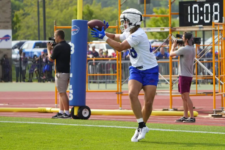 Jul 26, 2023; Rochester, NY, USA; Buffalo Bills tight end Joel Wilson (48) makes a catch during training camp at St. John Fisher College. Mandatory Credit: Gregory Fisher-USA TODAY Sports (Green Bay Packers)