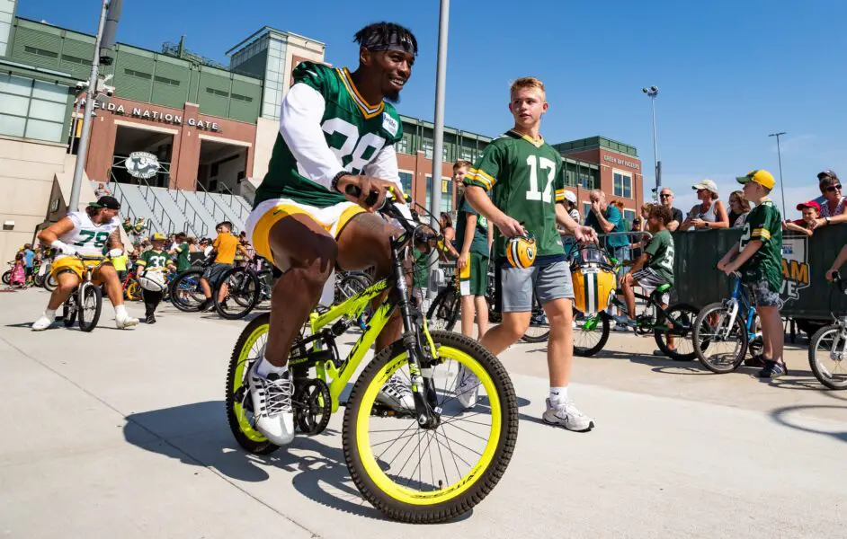 Green Bay Packers safety Innis Gaines (38) participates in the DreamDrive bicycle ride during the second day of the team's 2023 training camp on Thursday, July 27, 2023, in Green Bay, Wis. © Seeger Gray/USA TODAY NETWORK-Wisconsin / USA TODAY NETWORK